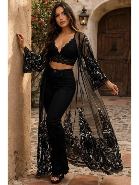 Mechant Sheer Lace Kimono Duster S Black Mesh Embroidered Boho Layer - Picture 1 of 8